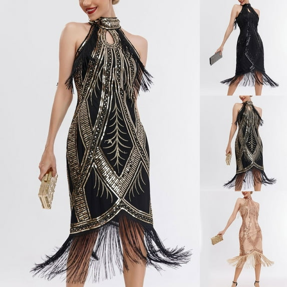 Lovskoo Wedding Guest Dresses for Women Evening Gown 1920 Vintage Sequin Dress Studded Tassel Halter Neck Banquet Midi Dress Sleeveless Lapel Cocktail Dresses 2023 Gold