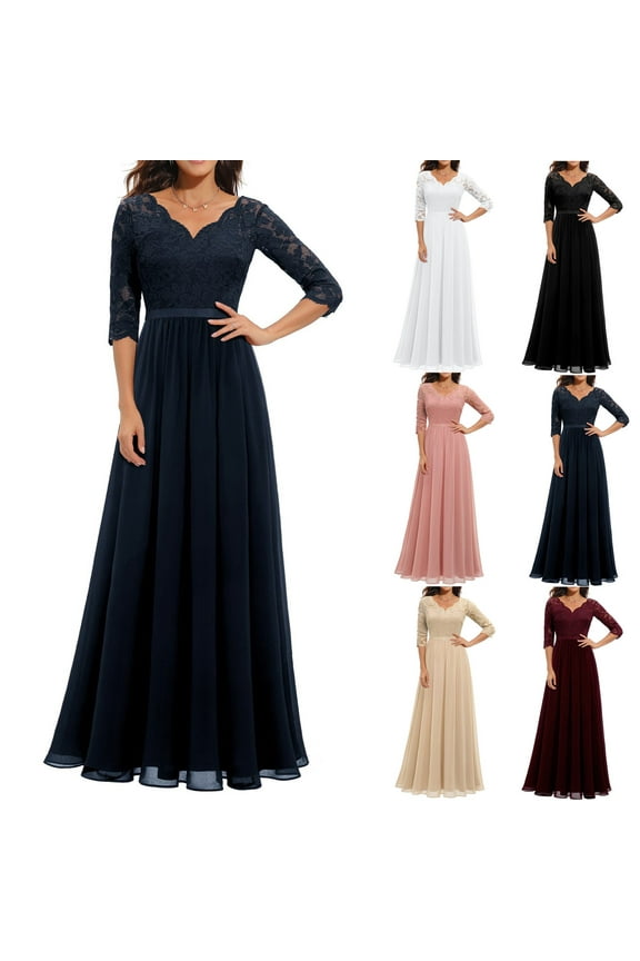 Wedding Guest Dresses for Women Evening Gown Appear Thin Three-Quarter Sleeve Lace V-Neck Lace Stitching Waist Length Dress Cocktail Dresses 2023 Navy