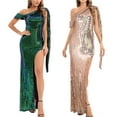 thumbnail image 1 of Lovskoo Wedding Guest Dresses for Women Evening Gown Trendy Half Shoulder Dress Sparkly Glitter Party Club Long Wrap Evening Formal Cocktail Dresses 2023 Gold, 1 of 5