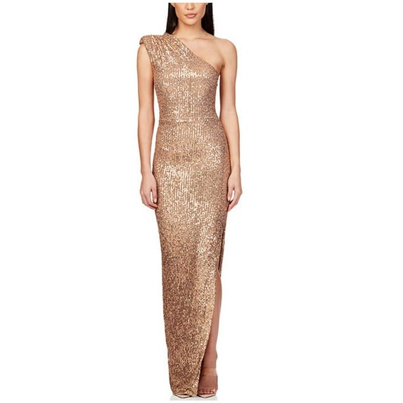 Lovskoo Wedding Guest Dresses for Women Evening Gown Trendy Solid One Shoulder Sleeveless Split Sequin Skew Shoulder Long Dress Cocktail Dresses 2023 Gold