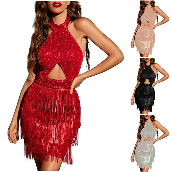 Lovskoo Wedding Guest Dresses for Women Evening Gown Trendy Casual Round-Neck Solid Slim Sequin Dress Long Sleeved Cocktail Dresses 2023 Claret