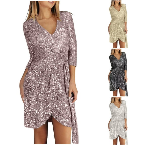 Lovskoo Wedding Guest Dresses for Women Evening Gown Trendy Casual V-Neck Solid Slim Sequin Dress Long Sleeved Cocktail Dresses 2023 Gold