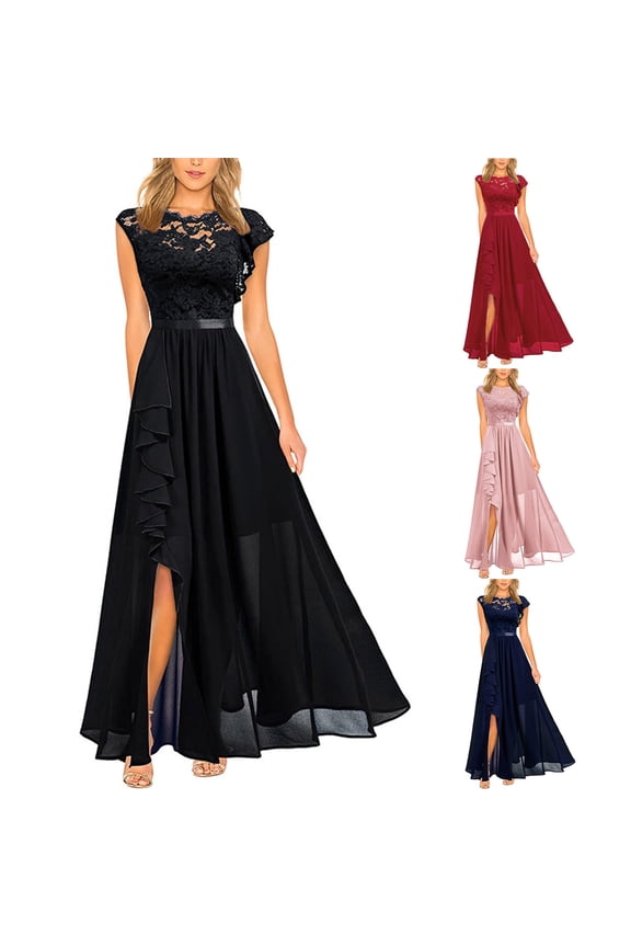 Wedding Guest Dresses for Women Evening Gown Trendy Summer Lace Patchwork Solid Round-Neck Sleeveless Vest Long Cocktail Dresses 2023 Blue