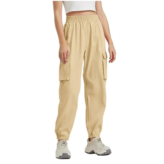 Lovskoo Wide Leg Pants for Women Casual Elasticity Solid Color Cargo Trousers Pocket Sports Pants Beige