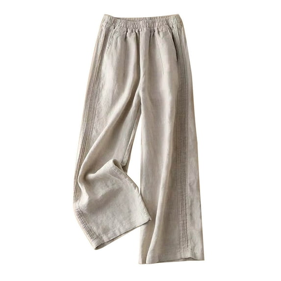 Lovskoo Wide Leg Pants for Women Cotton and Linen Pocket Summer Elastic Solid Color High Waist Thin Straight Leg Casual Pants Beige