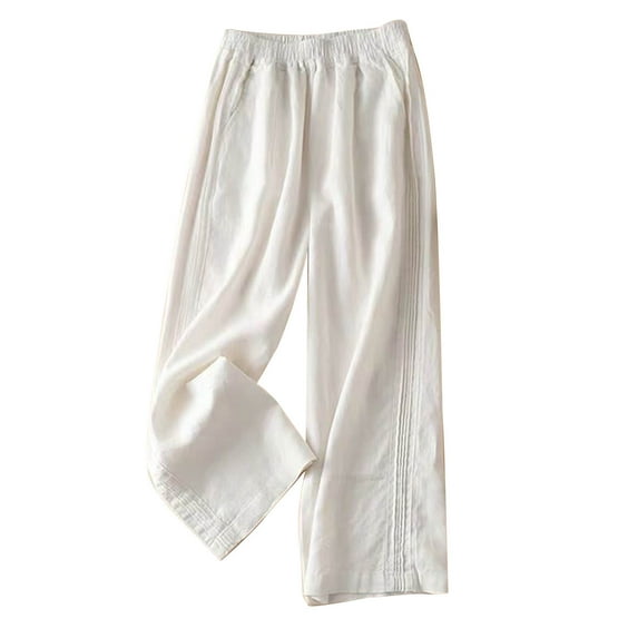 Lovskoo Wide Leg Pants for Women Cotton and Linen Pocket Summer Elastic Solid Color High Waist Thin Straight Leg Casual Pants White