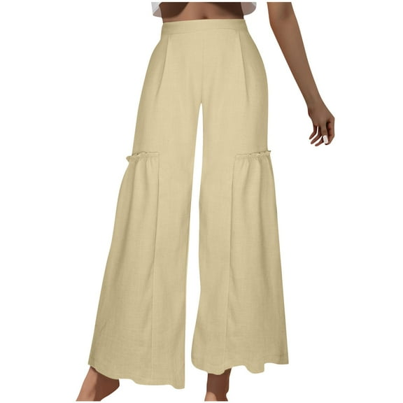 Lovskoo Wide Leg Pants for Women Cotton and Linen Summer Casual Solid Color Pockets Elastic High Waisted Long Pants Pants Beige