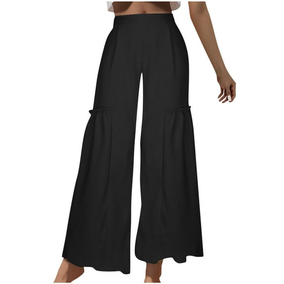 Lovskoo Wide Leg Pants for Women Cotton and Linen Summer Casual Solid Color Pockets Elastic High Waisted Long Pants Pants Black