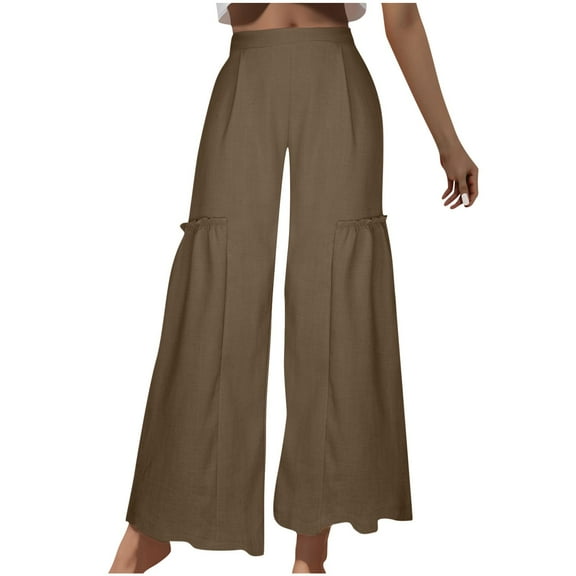 Lovskoo Wide Leg Pants for Women Cotton and Linen Summer Casual Solid Color Pockets Elastic High Waisted Long Pants Pants Coffee