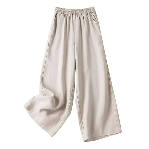 Lovskoo Wide Leg Pants for Women Cotton and Linen Summer Loose High Waisted Slim Solid Color Pants Beige