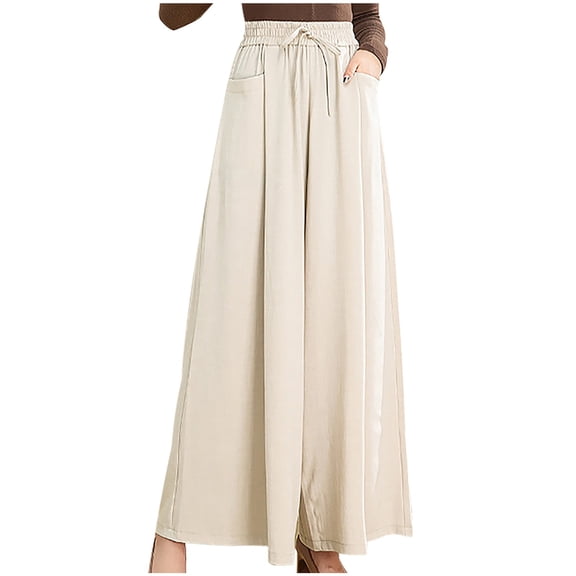 Lovskoo Wide Leg Pants for Women Cotton and Linen Summer Loose High Waisted Slim Solid Color Pants Beige