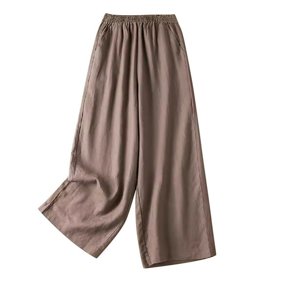 Lovskoo Wide Leg Pants for Women Cotton and Linen Summer Loose High Waisted Slim Solid Color Pants Coffee