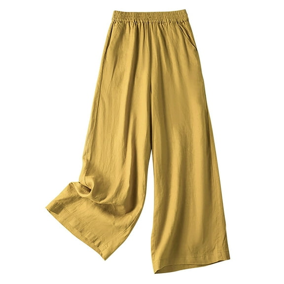 Lovskoo Wide Leg Pants for Women Cotton and Linen Summer Loose High Waisted Slim Solid Color Pants Yellow