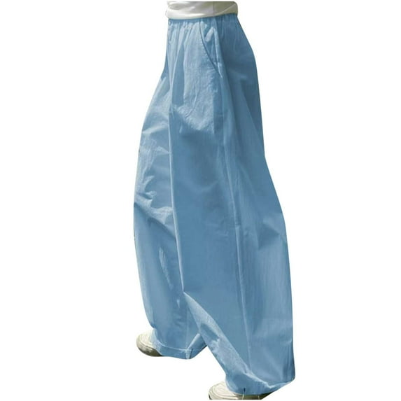 Lovskoo Wide Leg Pants for Women Cotton and Linen Summer Spring Solid Color Elastic Waist Straight Leg Casual Pants Sky Blue