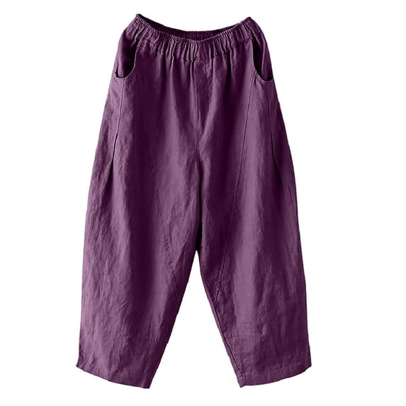 Lovskoo Wide Leg Pants for Women Cotton and Linen Summer Trendy Casual Solid Color Elastic Loose Pants Straight Leg Trousers with Pocket Purple