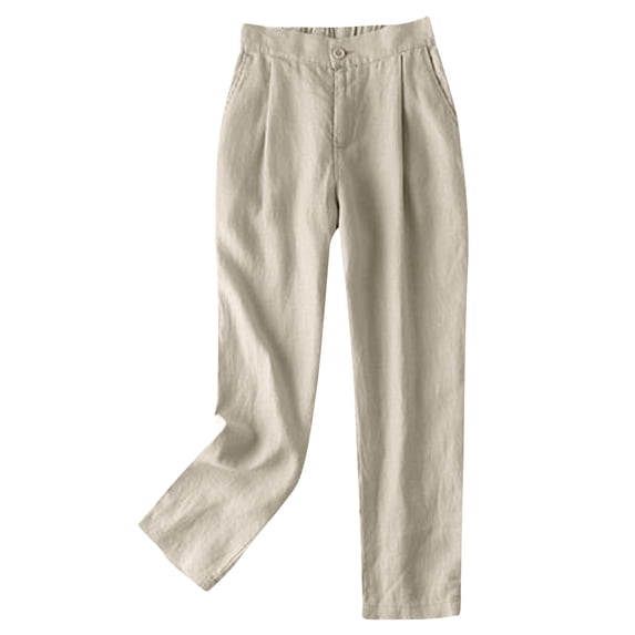 Lovskoo Wide Leg Pants for Women Cotton and Linen Summer Trendy Casual Solid Color Tight Waist Harem Pants Loose Pants Khaki