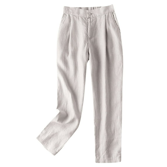 Lovskoo Wide Leg Pants for Women Cotton and Linen Summer Trendy Casual Solid Color Tight Waist Harem Pants Loose Pants White