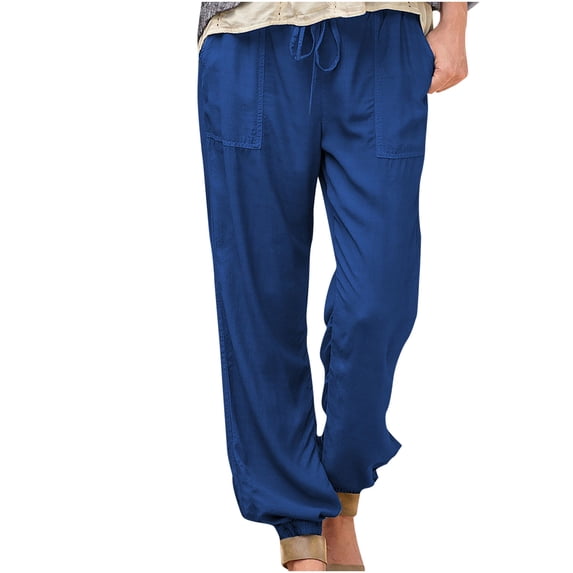 Lovskoo Wide Leg Pants for Women Cotton and Linen Trendy Casual Solid Color Elastic Drawstring Loose Pants Straight Closed Bottom Trousers Blue