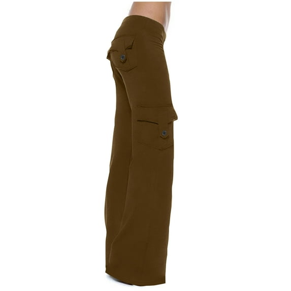 Lovskoo Wide Leg Pants for Women Solid Color Yoga Leggings for High Waisted Yoga Casual Pants Workout Leggings Cargo with 4 Pockets Yoga Pants Brown