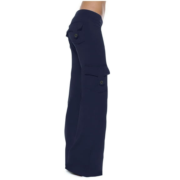 Lovskoo Wide Leg Pants for Women Solid Color Yoga Leggings for High Waisted Yoga Casual Pants Workout Leggings Cargo with 4 Pockets Yoga Pants Navy