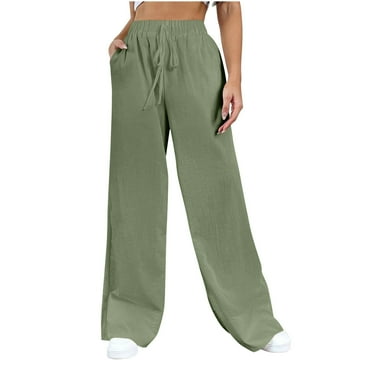 Lovskoo Wide Leg Pants for Women Spring Summer Trendy Comfortable Solid Color Elastic Waisted Button Up Pants Olive Green L
