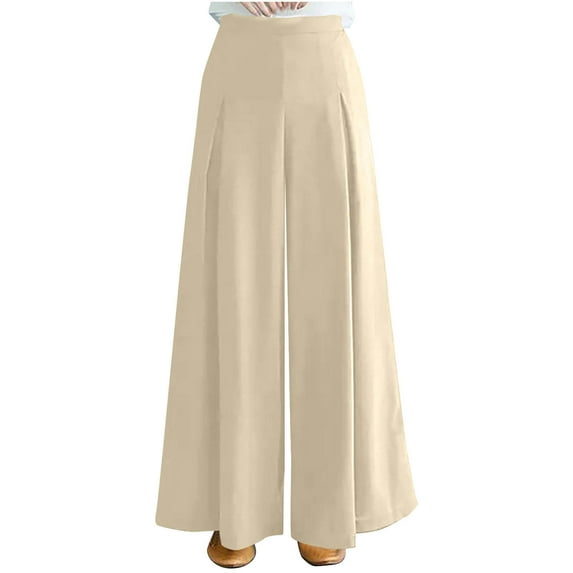 Lovskoo Wide Leg Pants for Women Summer Elastic Waist Solid Color Pleated Trendy Casual Pants White