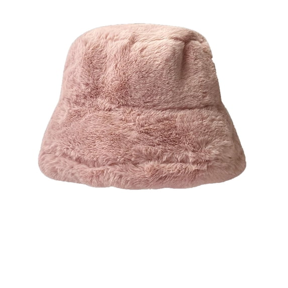 Lovskoo Winter Bucket Hat Fluffy Fisherman Cap for Women Solid Color Hat Pink