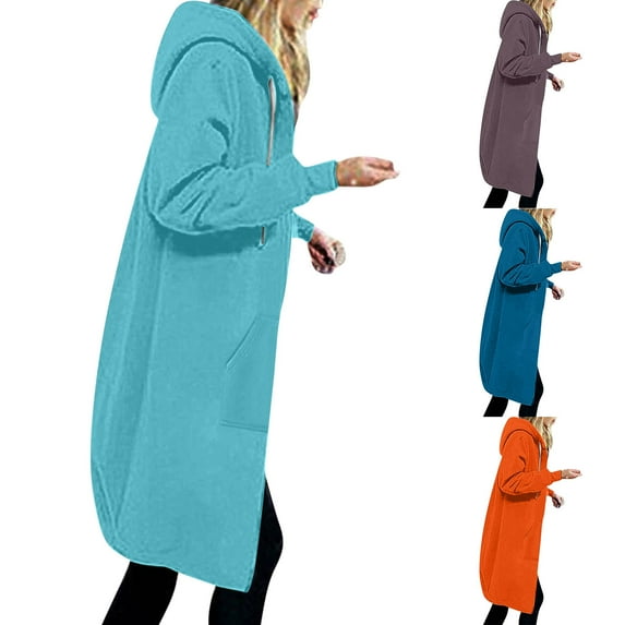 Lovskoo Winter Coats for Women 2023 Trendy Zip Up Hoodies Solid Color Thick and Fleece Fall Oversized Sweatshirts Casual Long Sleeve Pocket Hooded Long Outerwear Blue