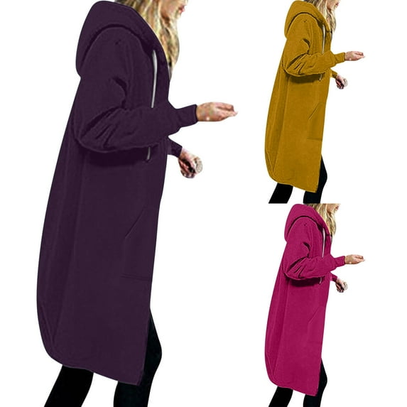 Lovskoo Winter Coats for Women 2023 Trendy Zip Up Hoodies Solid Color Thick and Fleece Fall Oversized Sweatshirts Casual Long Sleeve Pocket Hooded Long Outerwear Coffee