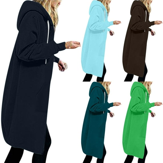 Lovskoo Winter Coats for Women 2023 Trendy Zip Up Hoodies Solid Color Thick and Fleece Fall Oversized Sweatshirts Casual Long Sleeve Pocket Hooded Long Outerwear Light Blue