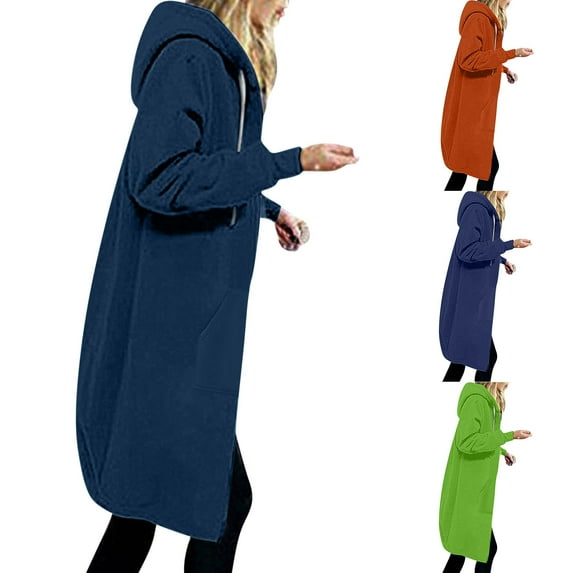 Lovskoo Winter Coats for Women 2023 Trendy Zip Up Hoodies Solid Color Thick and Fleece Fall Oversized Sweatshirts Casual Long Sleeve Pocket Hooded Long Outerwear Blue