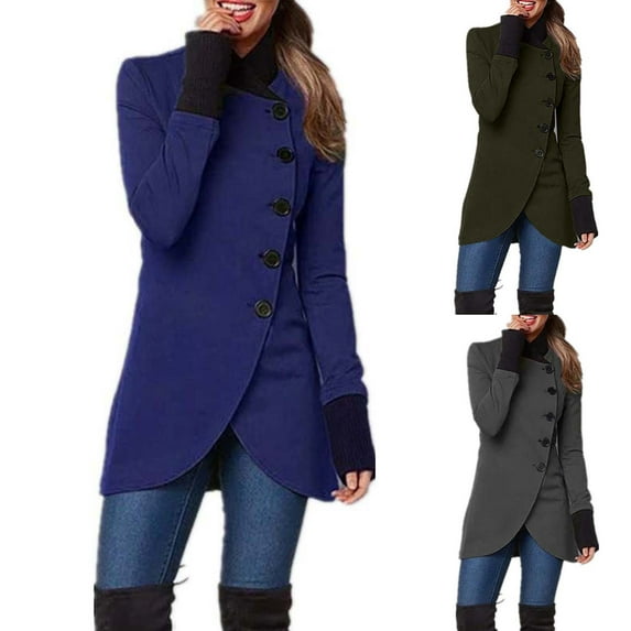 Lovskoo Winter Coats for Women 2023 Trendy Long Sleeve Button Solid Color Semi-Open Collar Trench Coat Olive Green