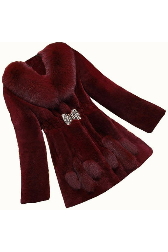 Winter Coats for Women Fashion Faux Fur Warm Jacket Plus Size Long Sleeve Casual Fleece Collar Elegant Slim Overcoat Burgundy