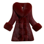 Lovskoo Winter Coats for Women Fashion Faux Fur Warm Jacket Plus Size Long Sleeve Casual Fleece Collar Elegant Slim Overcoat Burgundy