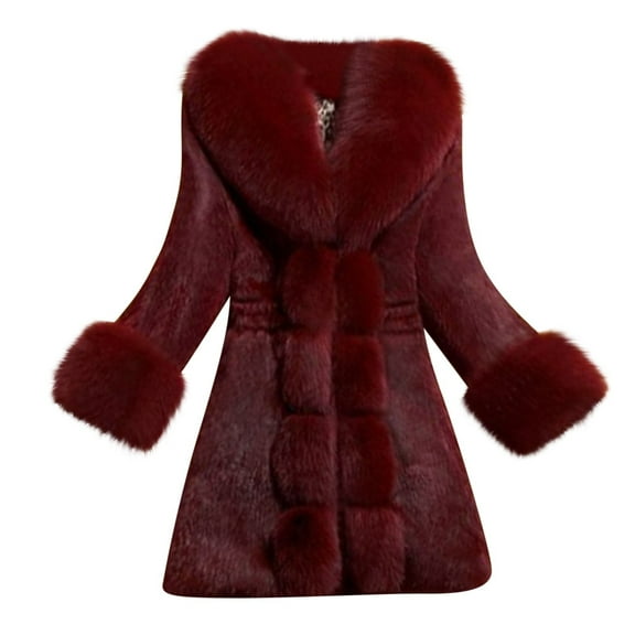 Lovskoo Winter Coats for Women Fashion Faux Fur Warm Jacket Plus Size Long Sleeve Casual Fleece Collar Elegant Slim Overcoat Burgundy