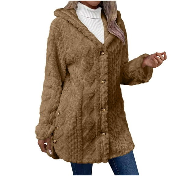 Lovskoo Winter Coats for Women Fuzzy Fleece Long Sleeve Hooded Warm Jacket Solid Color Button Plush Jacket Coffee