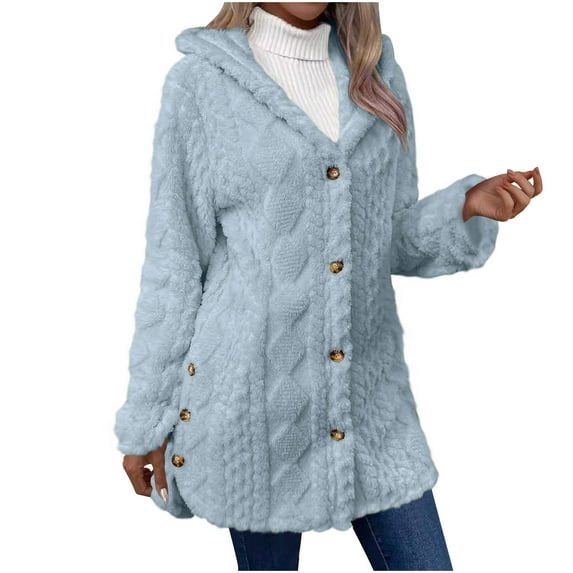 Lovskoo Winter Coats for Women Fuzzy Fleece Long Sleeve Hooded Warm Jacket Solid Color Button Plush Jacket Light Blue