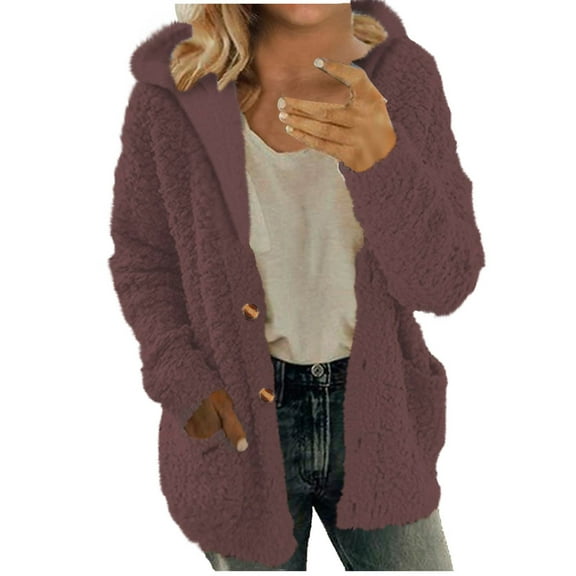 Lovskoo Winter Coats for Women Hooded Fuzzy Fleece Sweater Coat Warm Wool Zipper Coat Long Sleeve Outwear B-Purple