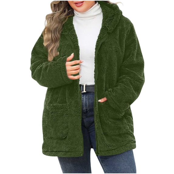 Lovskoo Winter Coats for Women Plus Size Fuzzy Fleece Hooded Zipper Long Sleeve Solid Color Plush Long Sleeve Hooded Casual Jacket Green