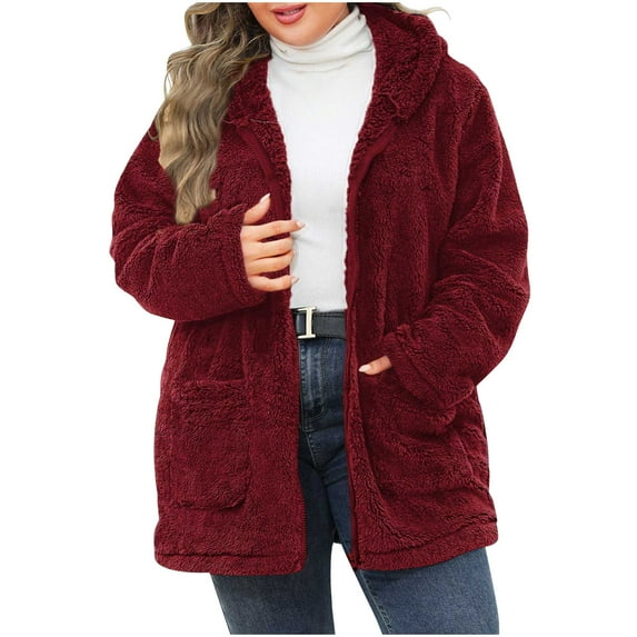 Lovskoo Winter Coats for Women Plus Size Fuzzy Fleece Hooded Zipper Long Sleeve Solid Color Plush Long Sleeve Hooded Casual Jacket Red