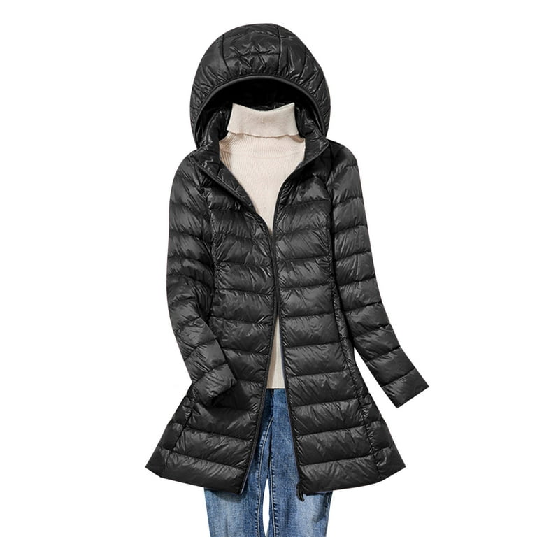 Lovskoo Winter Coats for Women Quilted Jacket Cotton Padded Jacket  Lightweight Removable Hood Mid-Length Slim Large Size Thin Jacket Black