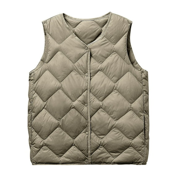 Lovskoo Winter Coats for Women Quilted Vest Cotton Padded Warm Pocket Coat V Neck Long Jacket Sleeveless Vest Coat Khaki
