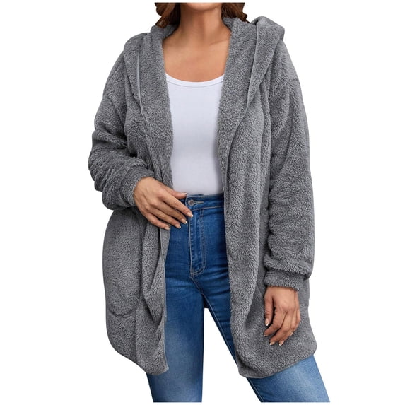 Lovskoo Winter Coats for Women Solid Fuzzy Fleece Coats Long Sleeve Hoddede Pockets Fleece Jacket Casual Trendy Outerwear Gray