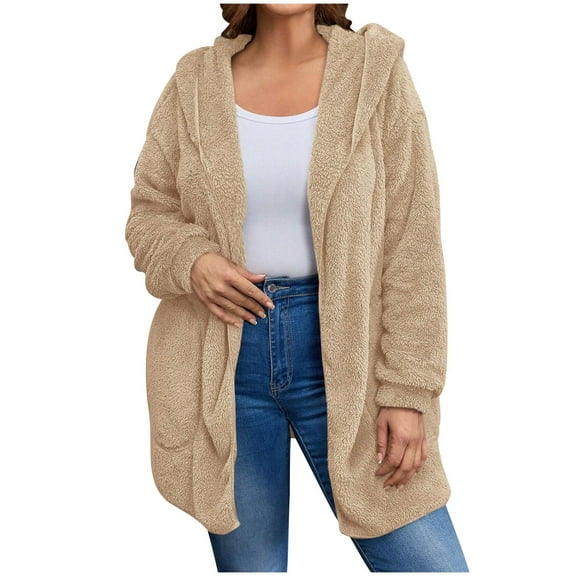 Lovskoo Winter Coats for Women Solid Fuzzy Fleece Coats Long Sleeve Hoddede Pockets Fleece Jacket Casual Trendy Outerwear Khaki
