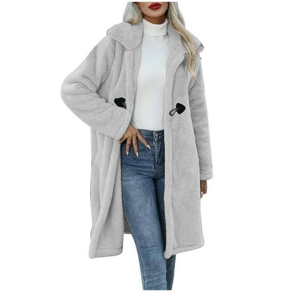 Lovskoo Winter Coats for Women Solid Fuzzy Fleece Coats Long Sleeve Lapel Pockets Fleece Long Jacket Casual Trendy Outerwear Gray
