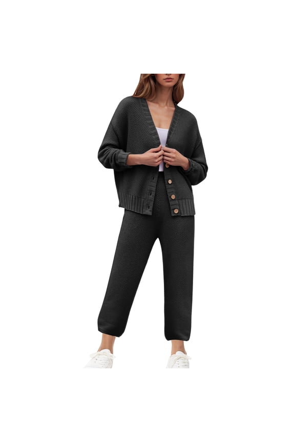 Women 2 Piece Outfits Knit Long Sleeve Cardigan Set Casual Sweater Pants Lounge Sets Spring Fall Clothes Black