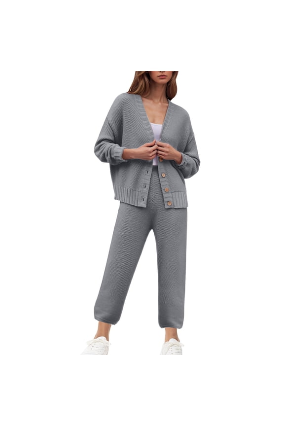 Women 2 Piece Outfits Knit Long Sleeve Cardigan Set Casual Sweater Pants Lounge Sets Spring Fall Clothes Dark Gray