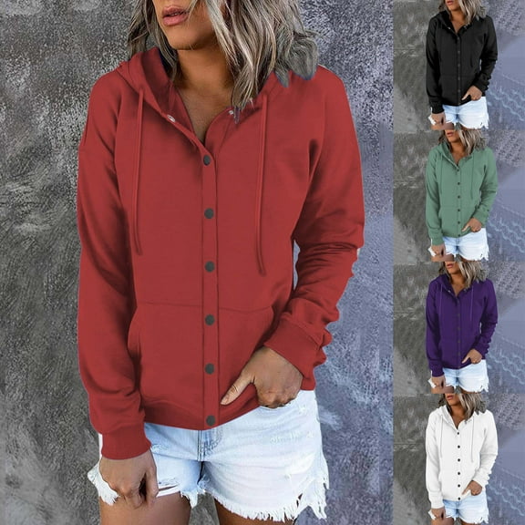 Lovskoo Women 2023 Fall Spring Button Up Hooded Jacket Long Sleeve Casual Cropped Coats Outerwear with Pockets Red