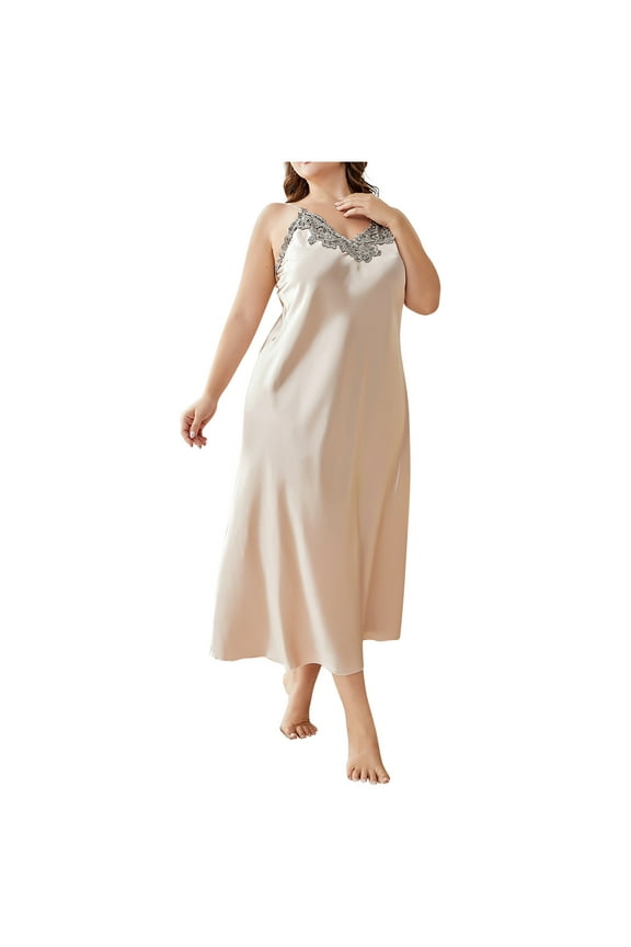 Women 2024 Silk Satin Nightgown Lace Chemise Sleepwear Long Sleepdress for Ladies Slip Negligee Khaki