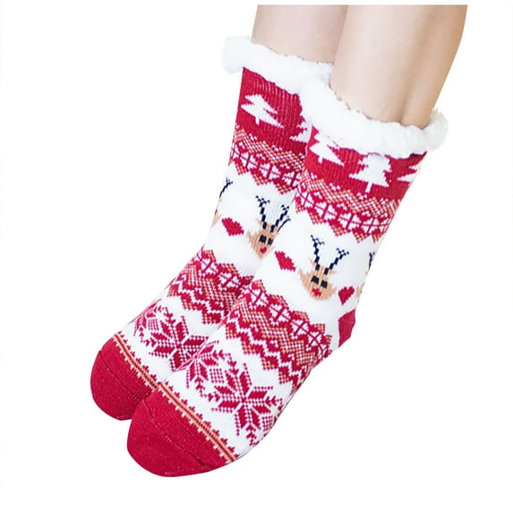 Lovskoo Women Christmas Slipper Fuzzy Socks Fluffy Cozy Winter Warm Soft Thick Comfy Fleece Non Slip Home Socks Red